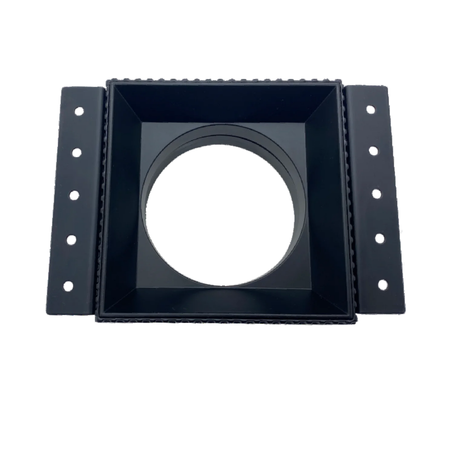 Black square frame with circular cutout on a white background