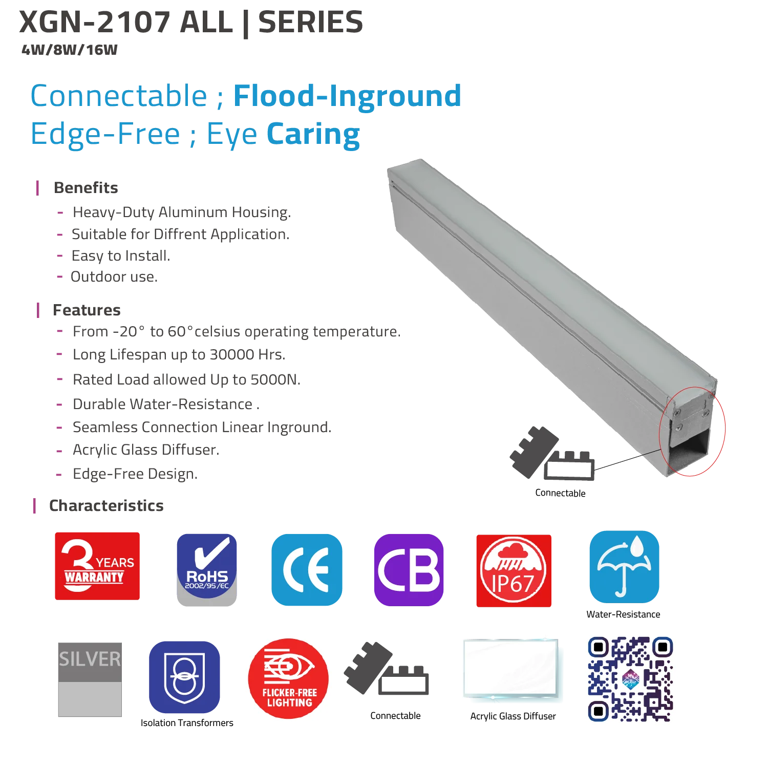LINEAR UNDERGROUND LIGHT IP67 (XGN-2107) – Connectable - Edge-Free - Outdoor Inground Lighting