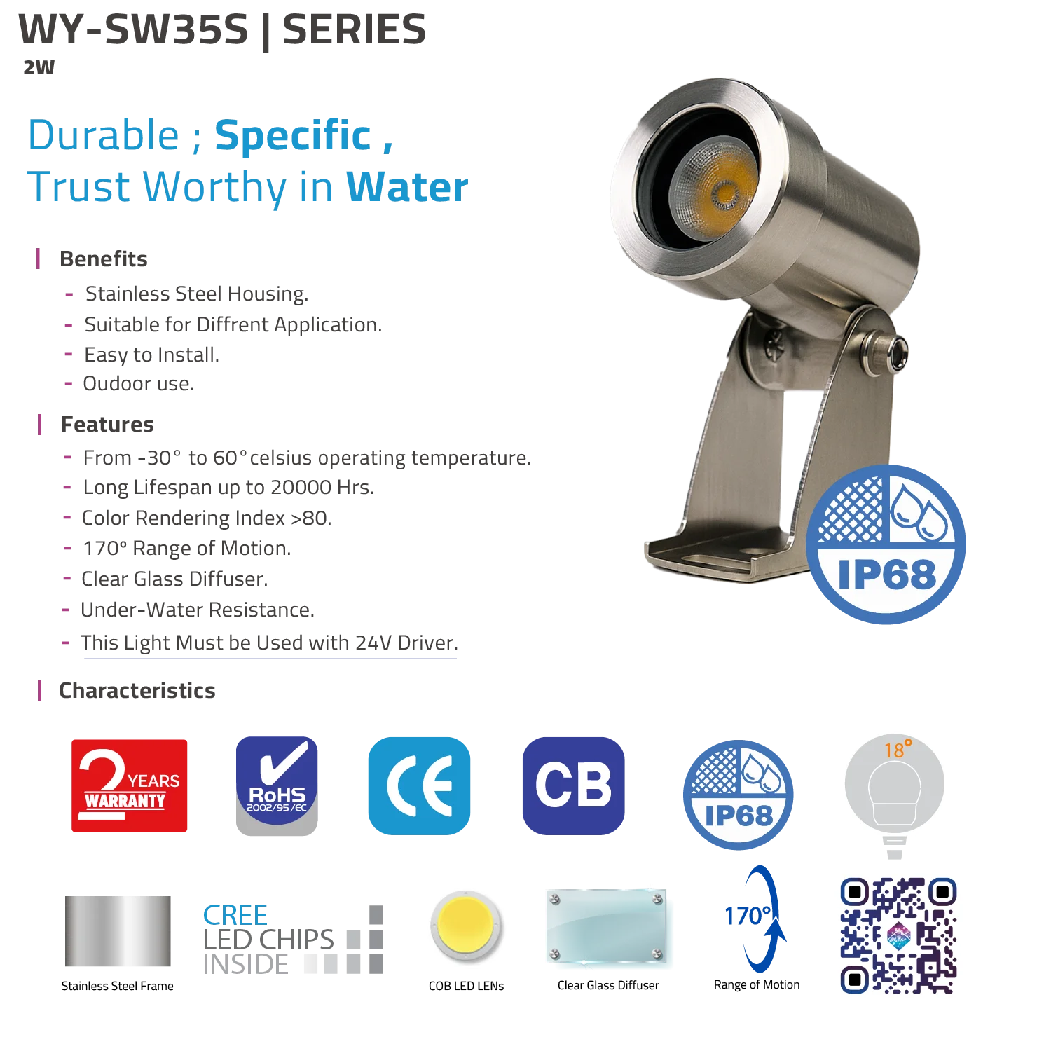 LED Underwater Light 2W 24V (WY-SW35S) – Durable - IP68 Waterproof