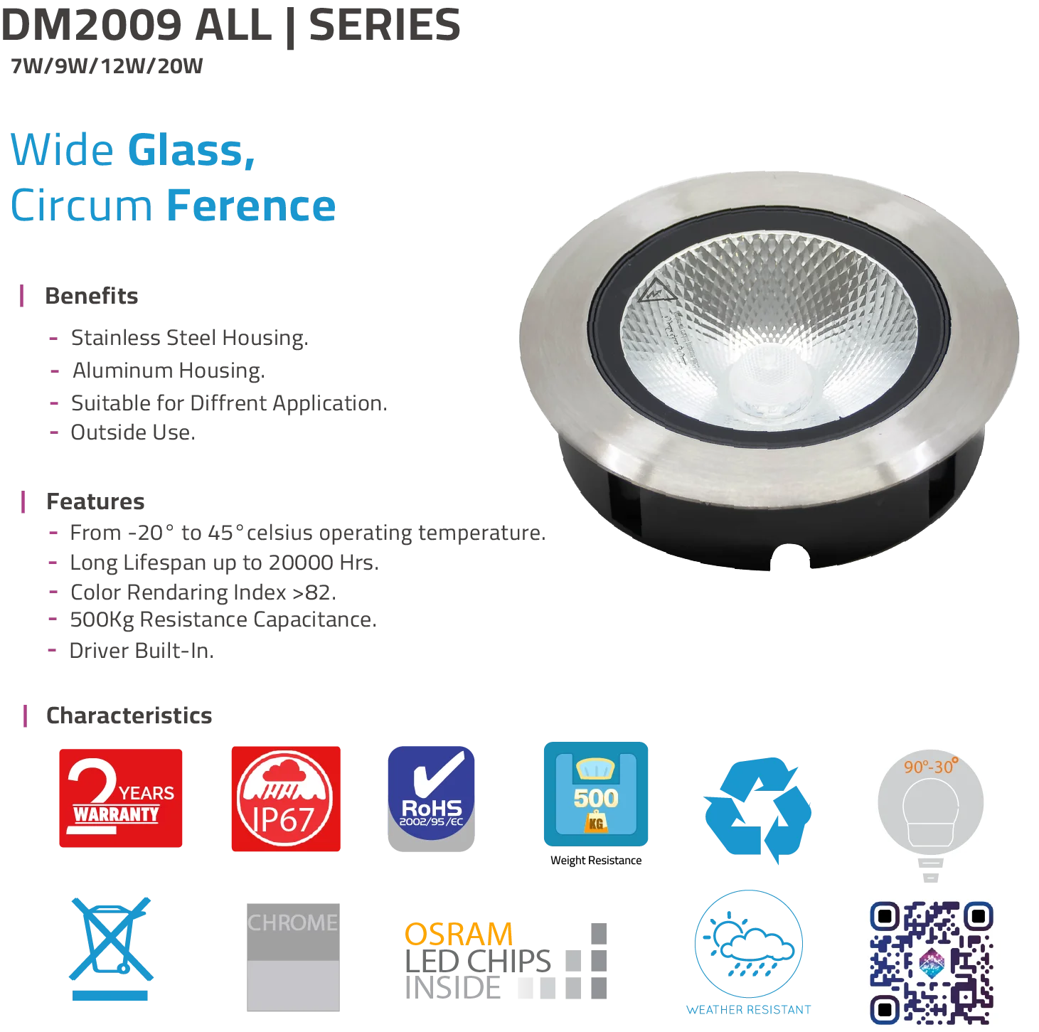 Ultralight LED Inground Light - Weatherproof IP67 - OSRAM LED (DM2009)