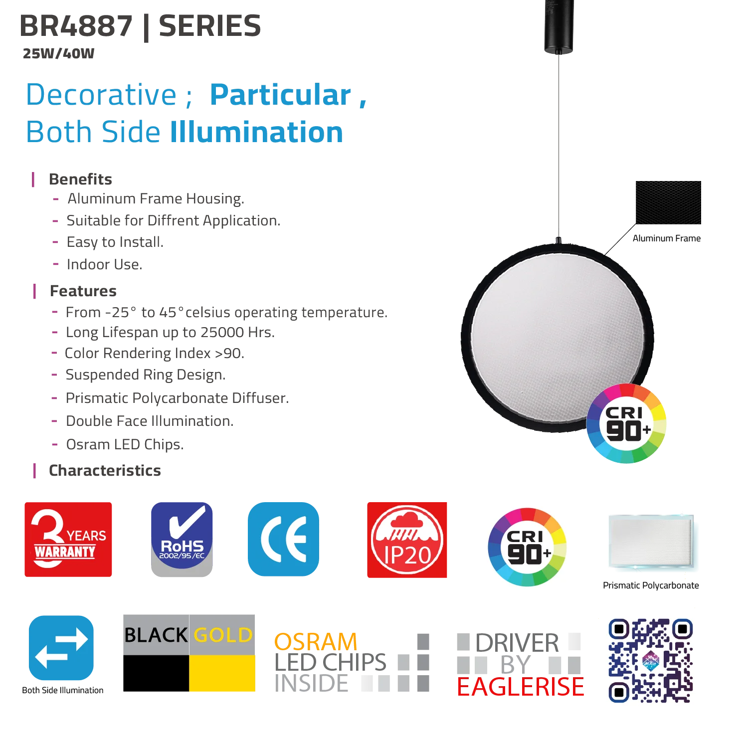 LED Pendant Light (BR4887) – Decorative Double-Sided Illumination with Elegant Design, High CRI >90, and Prismatic Diffuser