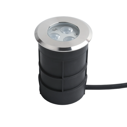 An underwater light with a metallic top and a black cylindrical base, equipped with multiple LEDs.