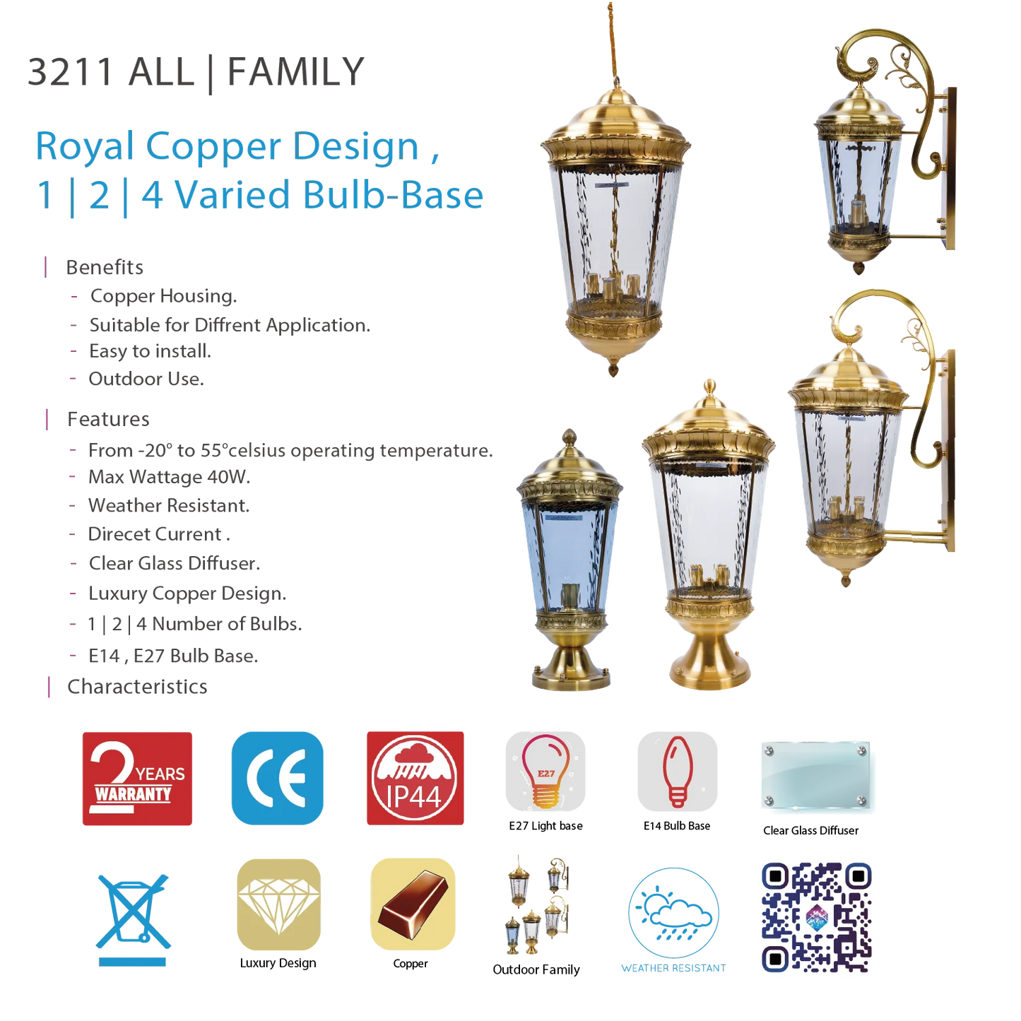 Ultra Light Copper Outdoor Light (3211 Family) | Elegant IP44 Exterior Lighting