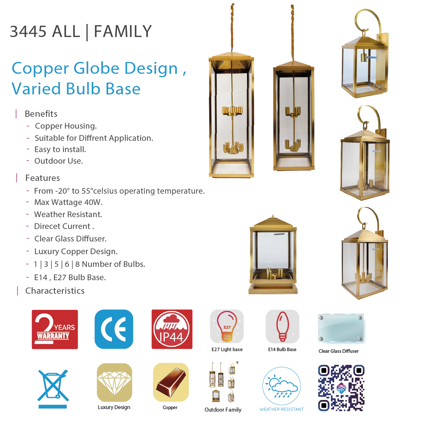 Ultra Light Copper Outdoor Lighting (3445 FAMILY) | IP44 Elegant Exterior Lamps