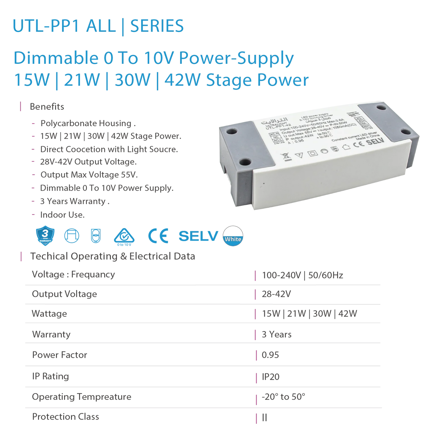 Ultra Light LED Power Supply - 0-10V Dimmable Driver - 3 Years Warranty (UTL-PP1)