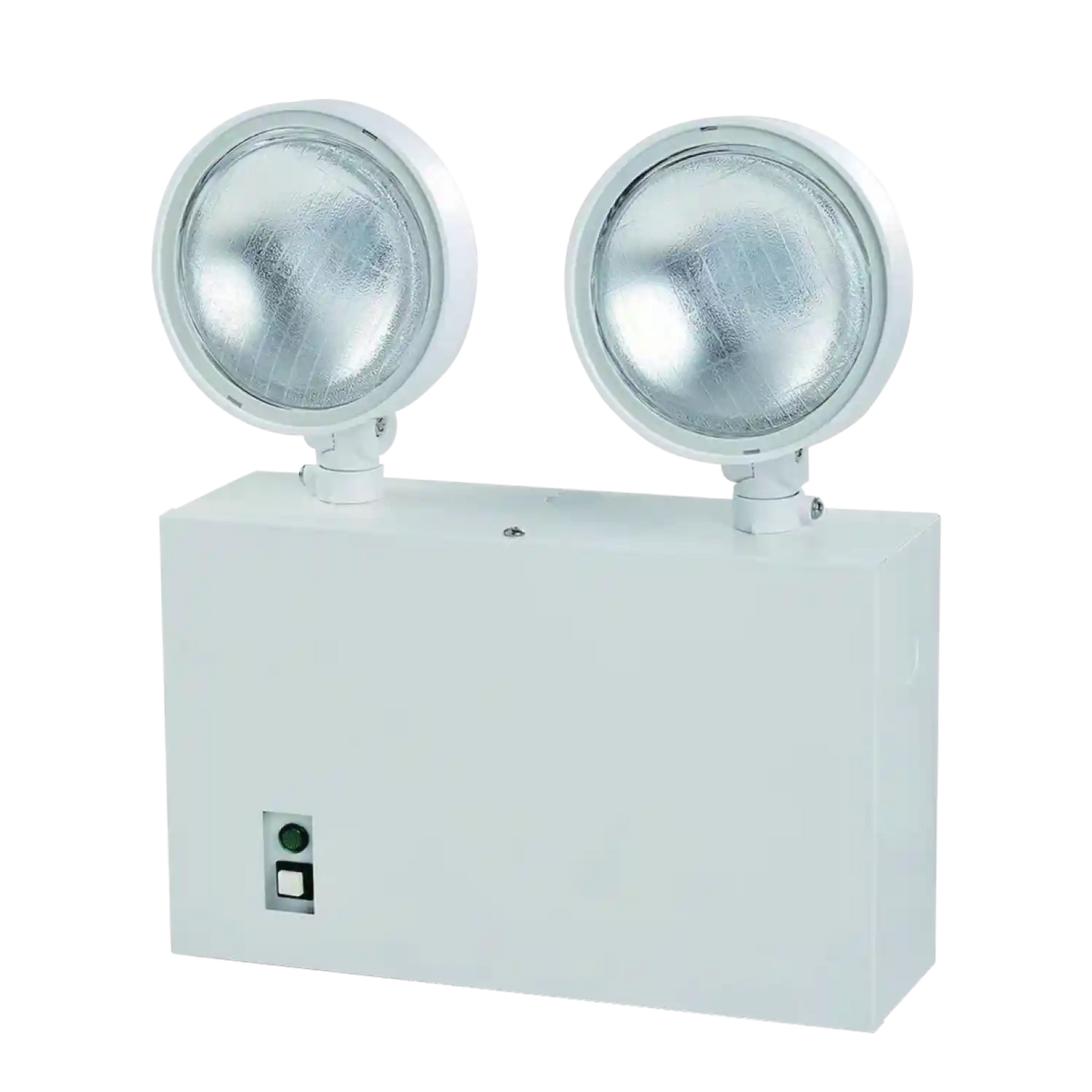 White emergency light fixture with two circular lights on a white background