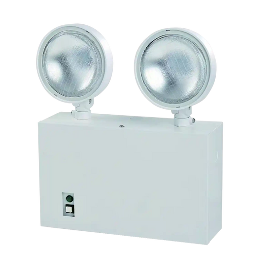 White emergency light fixture with two circular lights on a white background