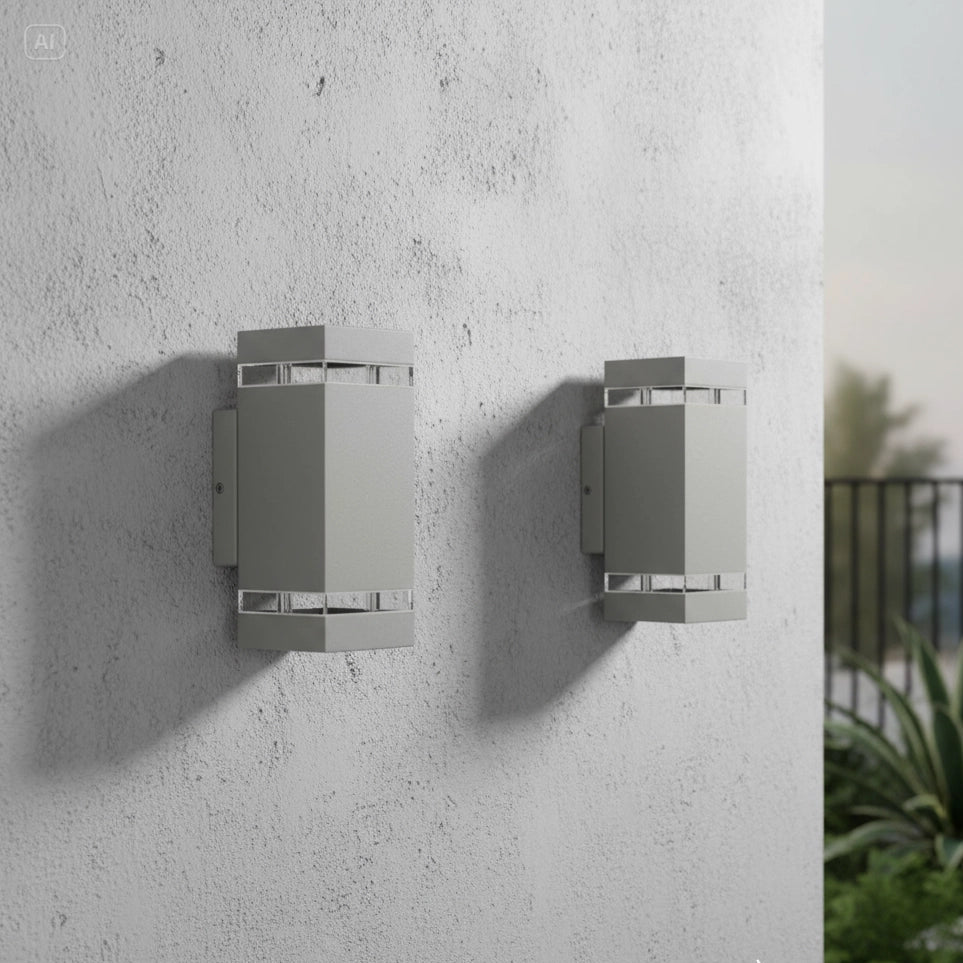 Two outdoor wall lights mounted on a concrete wall with a blurred natural background.