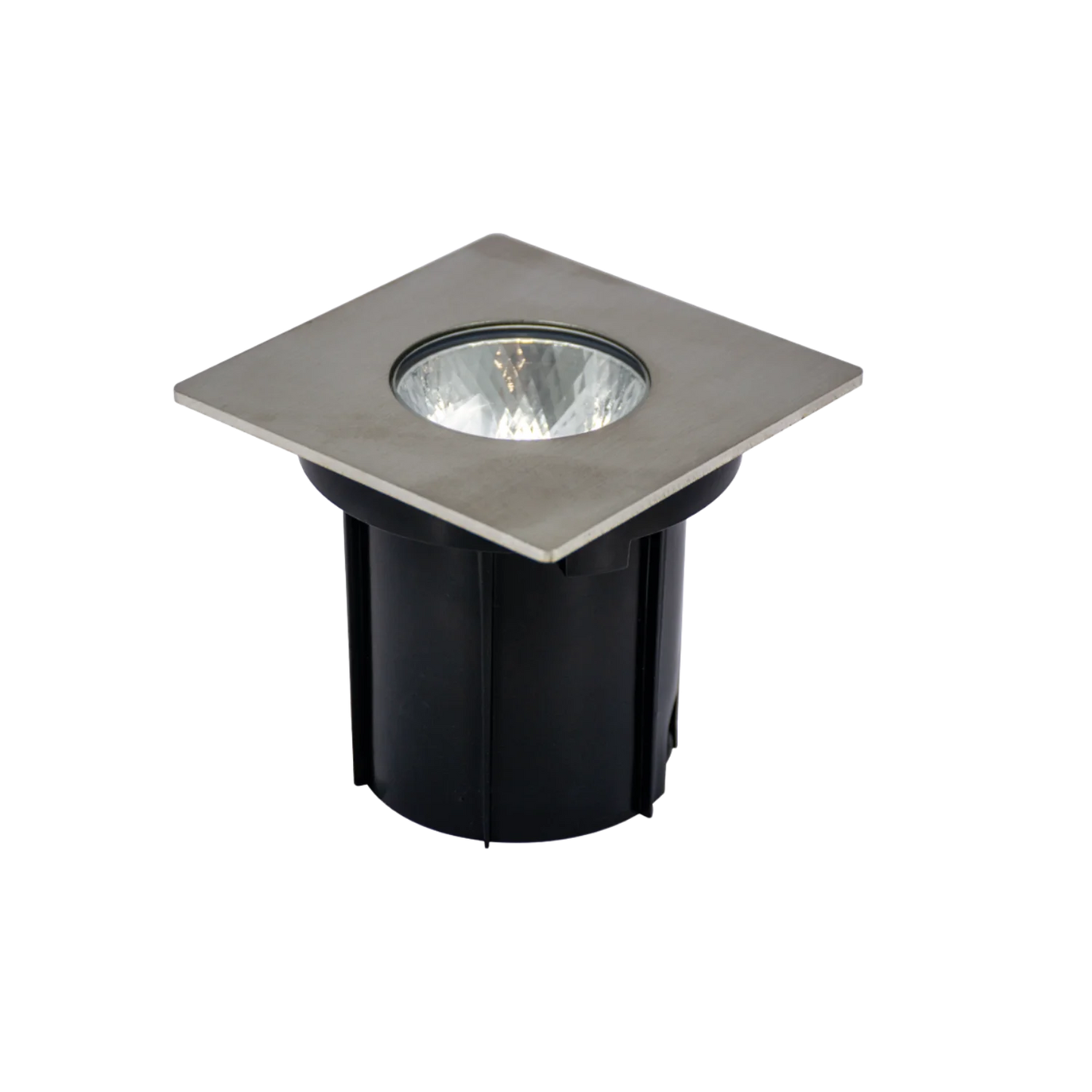 A recessed LED light fixture in a chrome finish with a clear glass cover, designed to be installed in the ground.