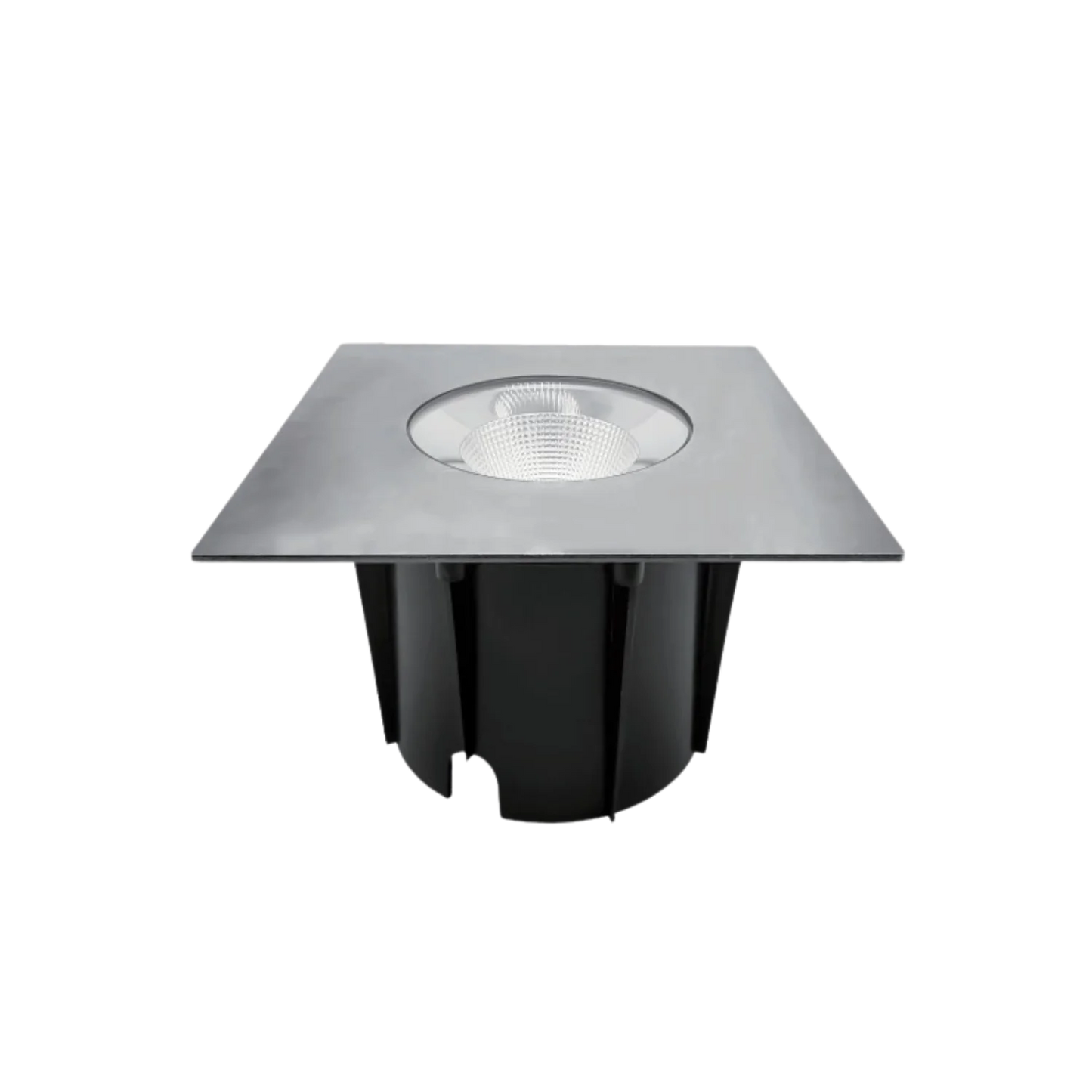 A recessed LED light fixture in a chrome finish with a clear glass cover, designed to be installed in the ground.
