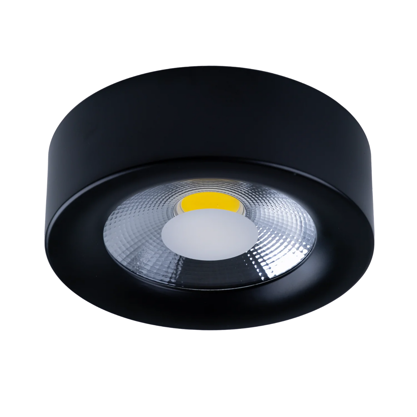 Black round ceiling light fixture on a white background
