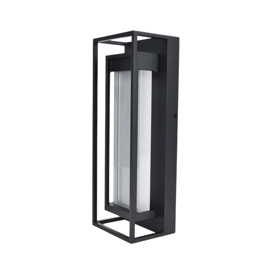 Black outdoor wall light fixture on a white background